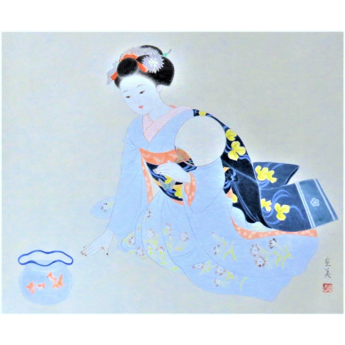 JY1005◆◇掛軸 安野恵美 舞妓と金魚 共箱 尺八横 (4)