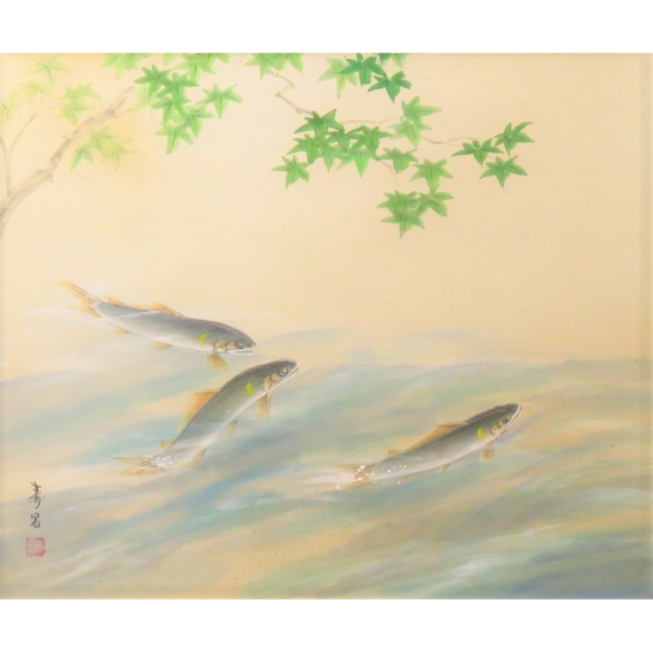 JY1282◆◇掛軸 竹田寿昌 鮎 尺八横 (2)